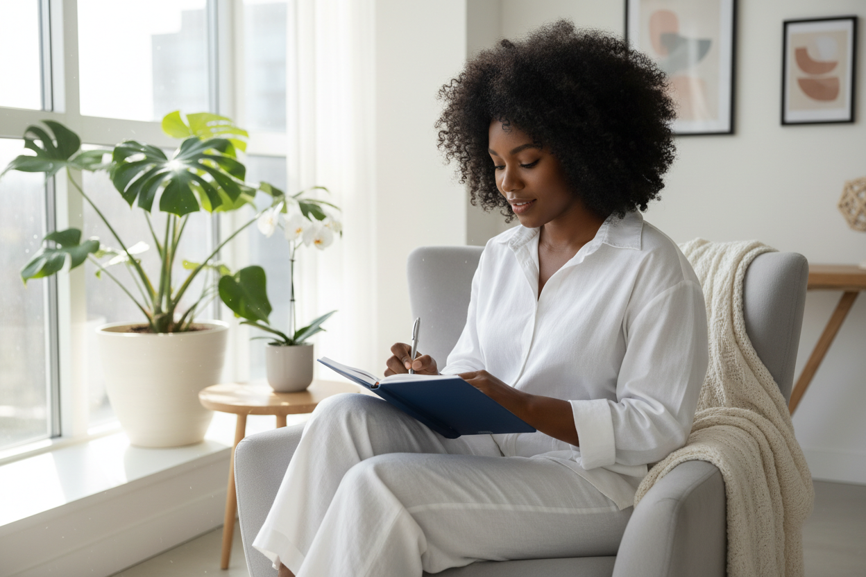 her hair is in a beautiful curly afro