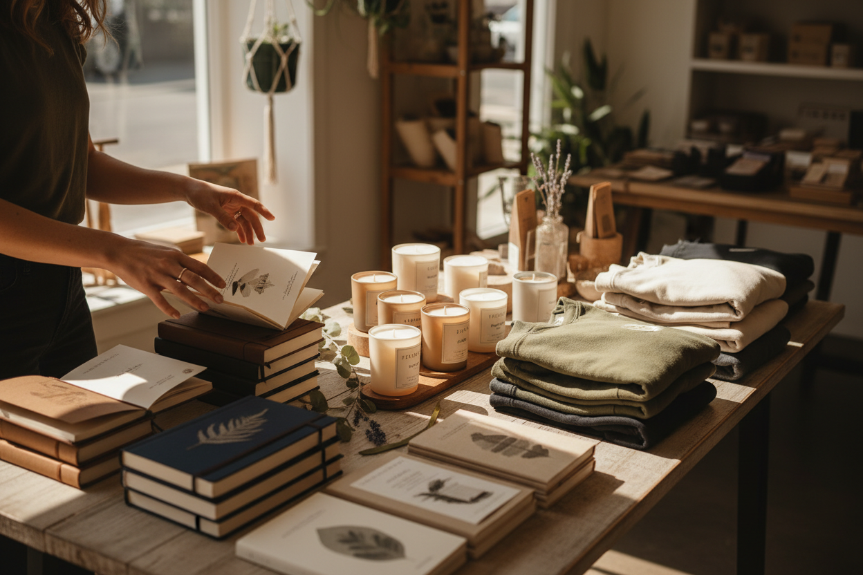 someone looking at a product table with journals, candles, and folded sweatshirts 